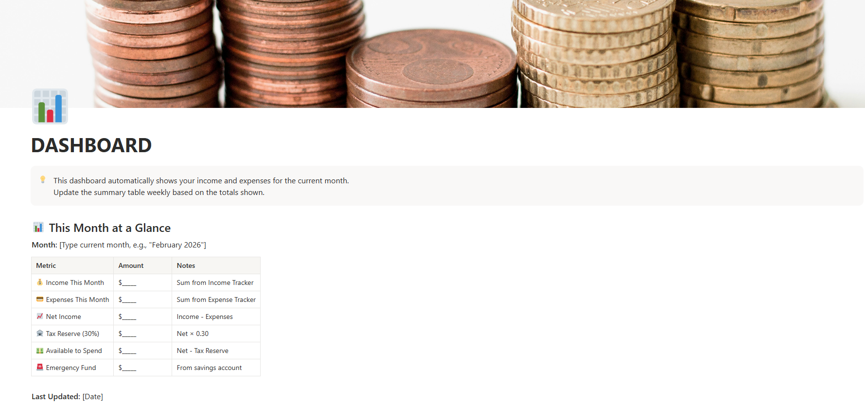 Freelance Budget Pro Notion template dashboard showing income tracking, expense tracking, tax reserve calculator, and emergency fund tracker